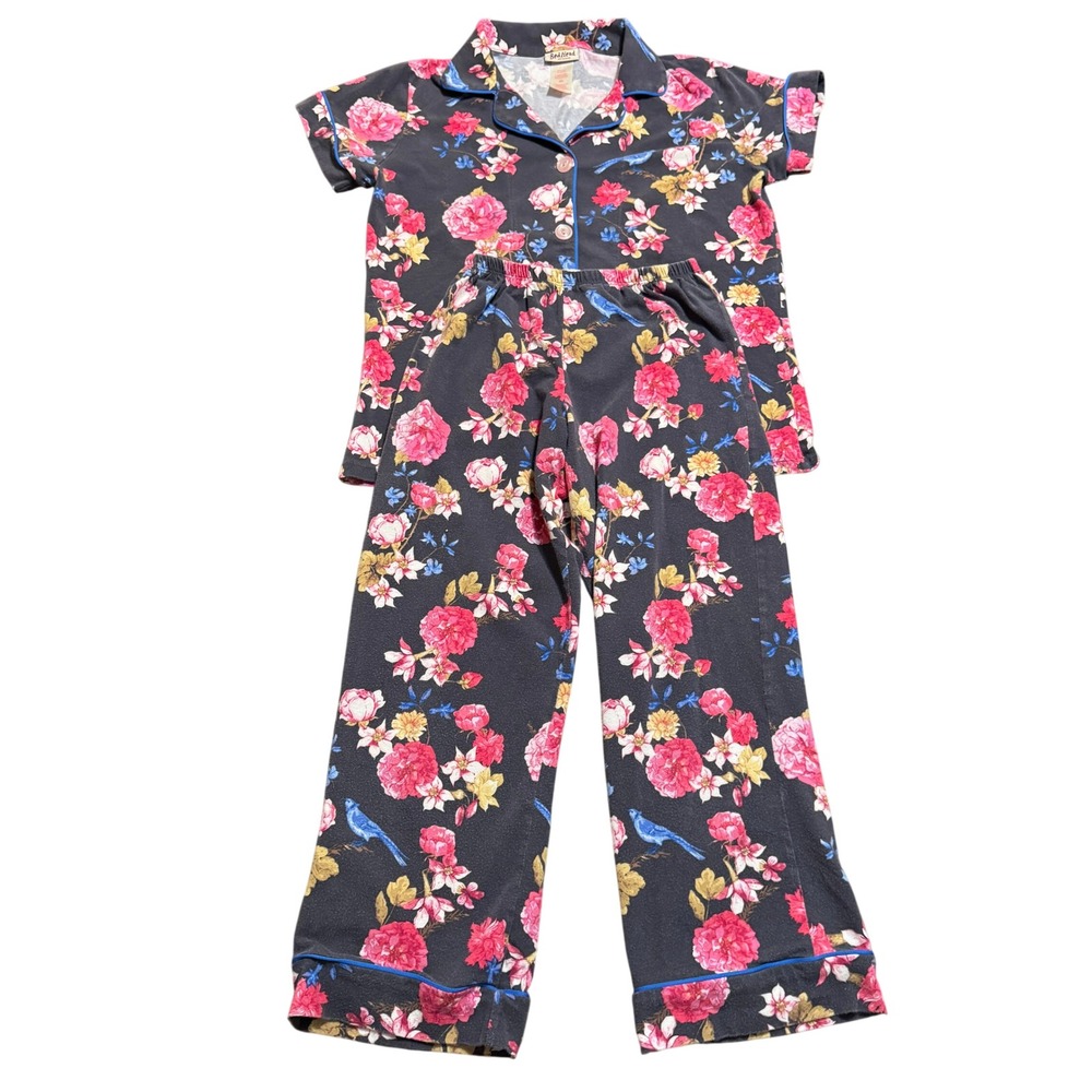 BedHead Pajama Set Button Down Shirt & Pants Women's XS Floral Comfy Grey Pink